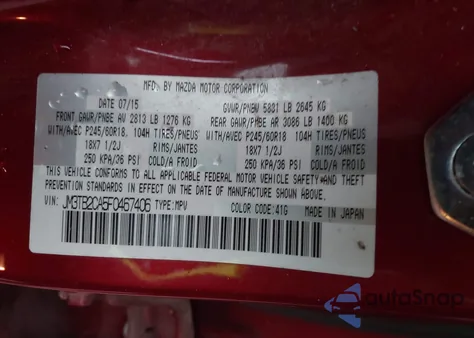 2015 Mazda Cx-9 Touring из США, поврежденный, VIN JM3TB2CA5F0467406